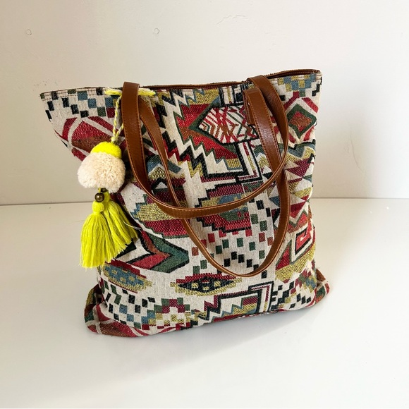 Bohemian Patterned Tote Bag with Brown Straps - Picture 1 of 6